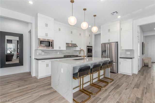 kitchen with sink, stainless steel appliances, light hardwood / wood-style floors, and an island with sink