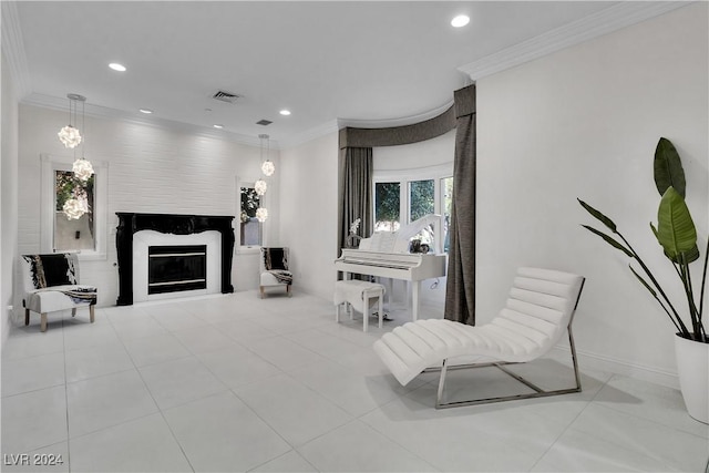 living area featuring light tile patterned floors and ornamental molding