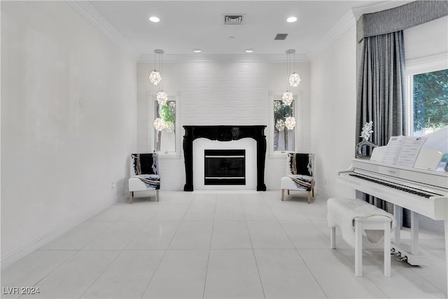 living room featuring light tile patterned floors and crown molding