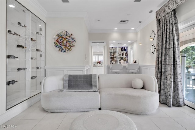 tiled living room with crown molding