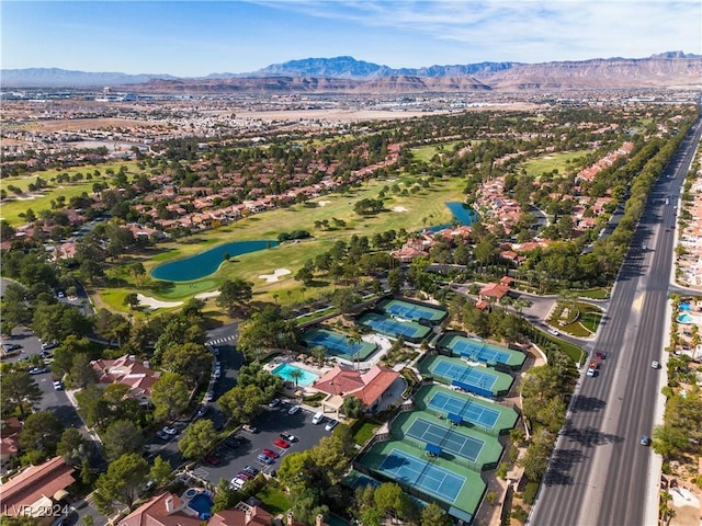 bird's eye view featuring a water and mountain view