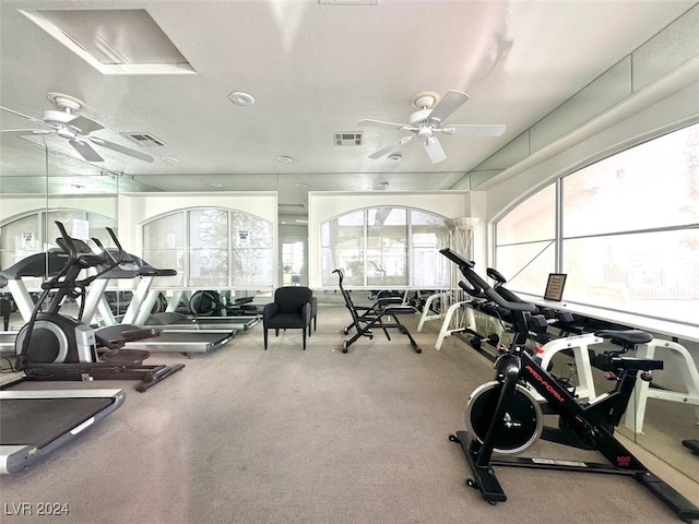 exercise room with a textured ceiling and ceiling fan