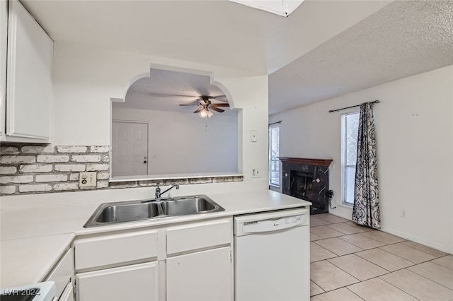 kitchen with dishwasher, sink, white cabinetry, a textured ceiling, and ceiling fan