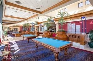 playroom with beamed ceiling, coffered ceiling, and billiards