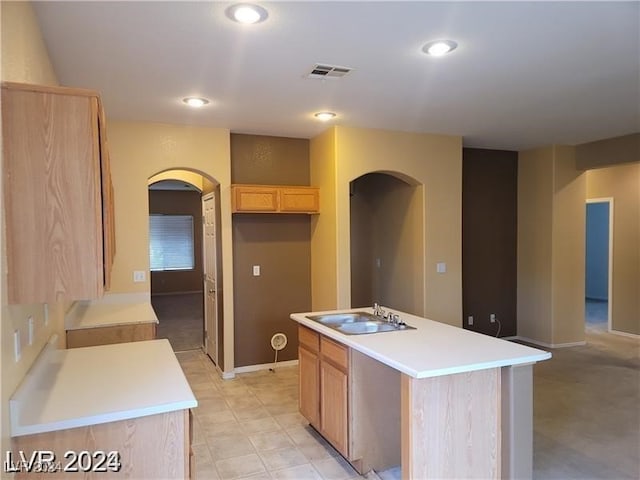 kitchen with sink, a center island with sink, and light brown cabinetry