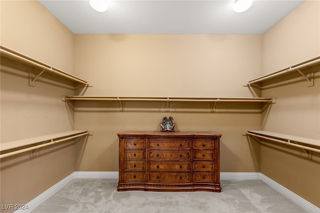 walk in closet with light carpet