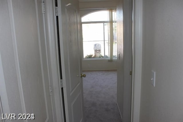 corridor with plenty of natural light and dark carpet