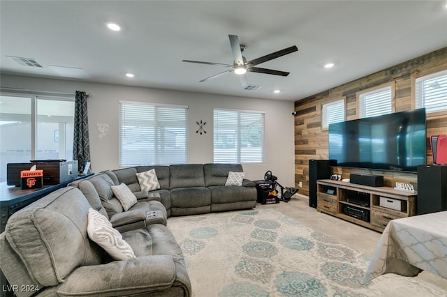 4323 Creekside Cavern Ave, North Las Vegas, NV 89084 - living area featuring wood walls, a ceiling fan, recessed lighting, and carpet