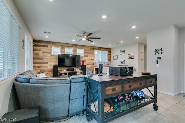 4323 Creekside Cavern Ave, North Las Vegas, NV 89084 - living room with recessed lighting, a ceiling fan, wood walls, baseboards, and light tile patterned floors