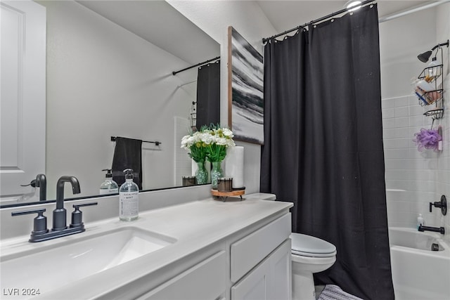 full bathroom featuring vanity, toilet, and shower / bathtub combination with curtain