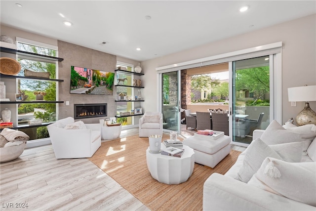 living room featuring a large fireplace and light wood-type flooring