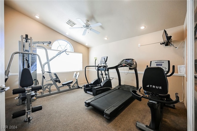 exercise room with vaulted ceiling and ceiling fan