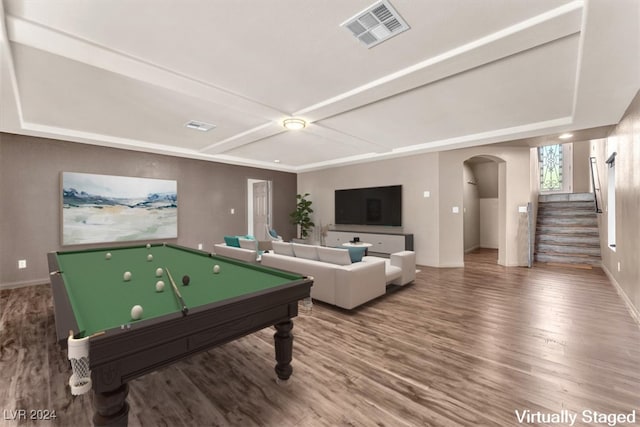 rec room with hardwood / wood-style floors and billiards