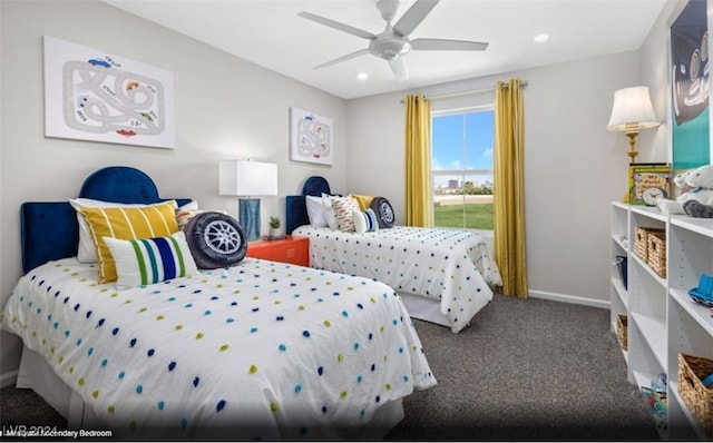 carpeted bedroom with ceiling fan