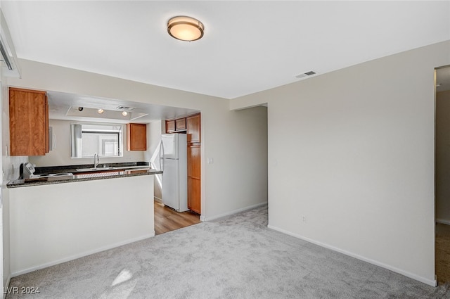 kitchen with white fridge, sink, and light colored carpet