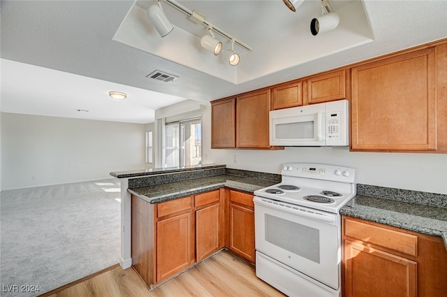 kitchen with kitchen peninsula, rail lighting, a tray ceiling, light hardwood / wood-style floors, and white appliances