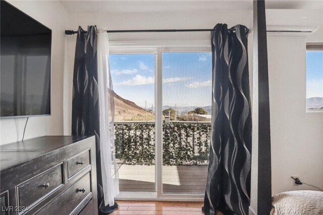 entryway featuring a wealth of natural light, a mountain view, and light wood-type flooring