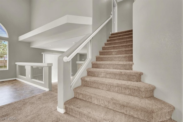 stairway featuring a towering ceiling and carpet floors