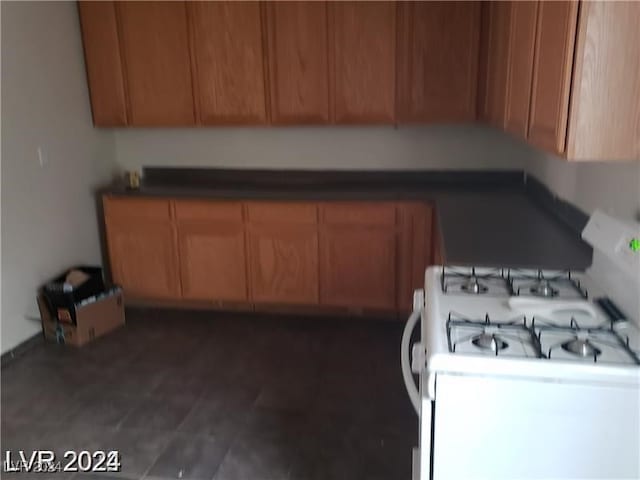 kitchen with dark hardwood / wood-style floors and white gas stove