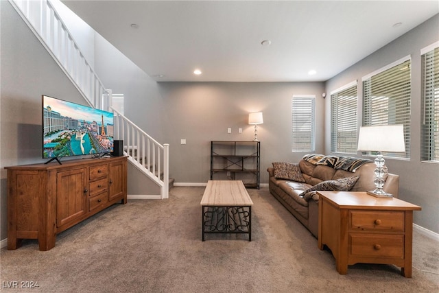 living room with light colored carpet