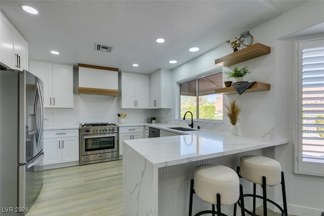 kitchen with custom exhaust hood, sink, kitchen peninsula, white cabinetry, and stainless steel appliances