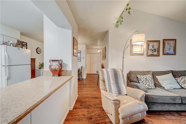 living room with lofted ceiling and dark wood-type flooring