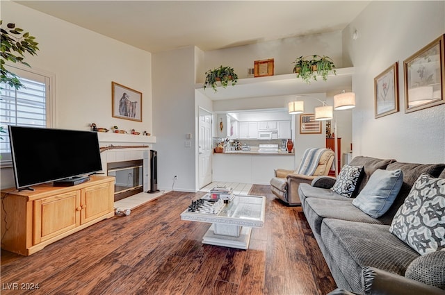 living room with dark wood-type flooring