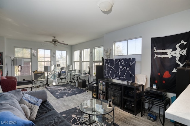 living room with hardwood / wood-style flooring and ceiling fan