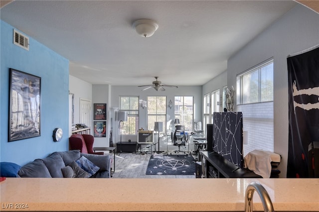 living room featuring a wealth of natural light, a textured ceiling, and ceiling fan