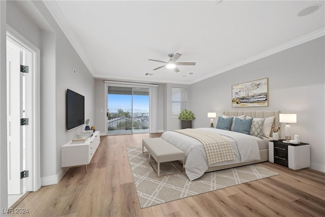 bedroom featuring a ceiling fan, baseboards, light wood-style floors, access to outside, and crown molding