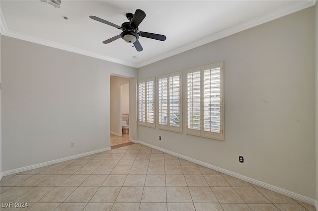 unfurnished room with crown molding, light tile patterned flooring, and ceiling fan