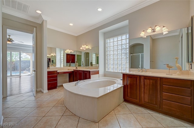 bathroom with vanity, ornamental molding, shower with separate bathtub, and plenty of natural light