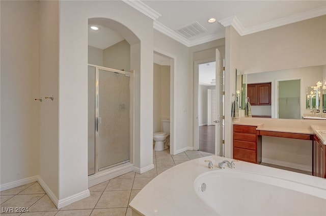 full bathroom with toilet, tile patterned flooring, ornamental molding, vanity, and shower with separate bathtub