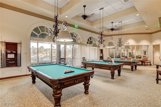 game room featuring french doors, ornamental molding, billiards, and a high ceiling