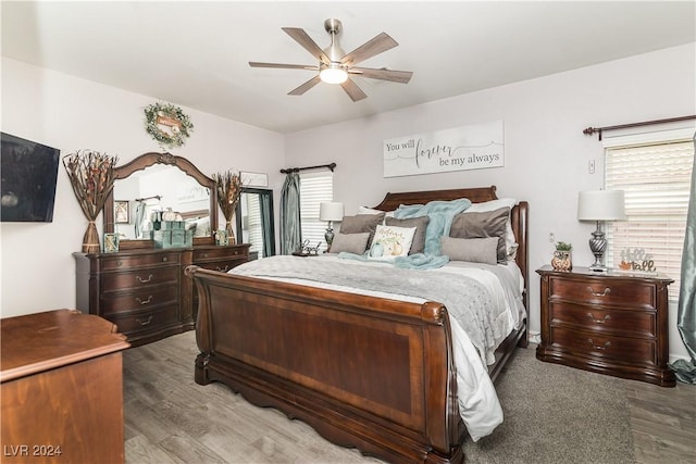 bedroom with multiple windows, light wood finished floors, and ceiling fan