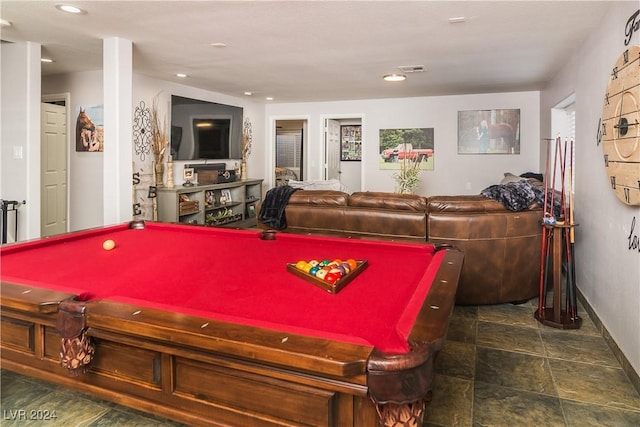 rec room featuring stone finish floor, billiards, visible vents, baseboards, and recessed lighting