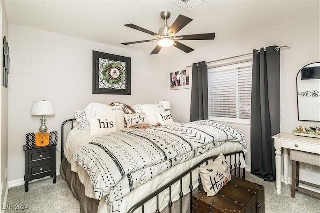 bedroom featuring carpet flooring, baseboards, visible vents, and ceiling fan