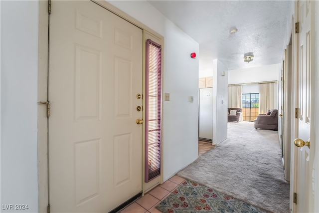 carpeted foyer featuring a textured ceiling