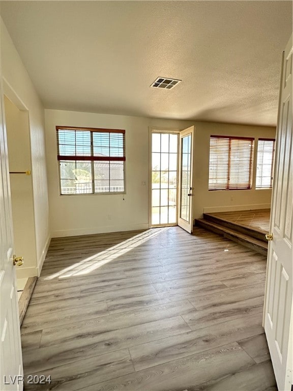 spare room featuring light hardwood / wood-style floors, a textured ceiling, and plenty of natural light