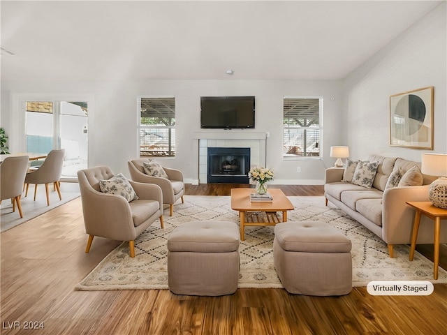 living room featuring a healthy amount of sunlight, a fireplace, and light hardwood / wood-style floors