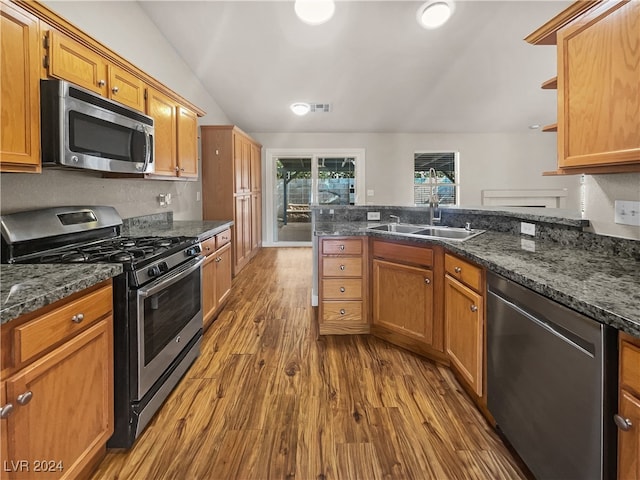 kitchen featuring stainless steel appliances, lofted ceiling, dark stone counters, and hardwood / wood-style floors