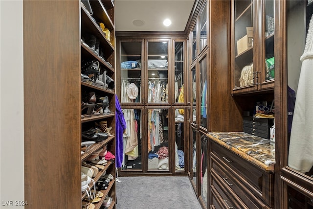 spacious closet featuring light colored carpet