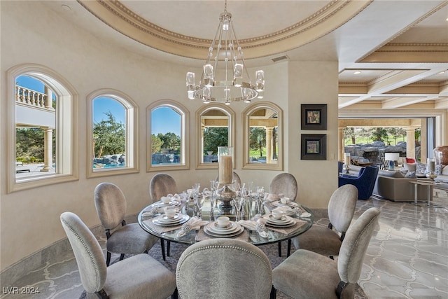 dining area with an inviting chandelier, coffered ceiling, and a wealth of natural light