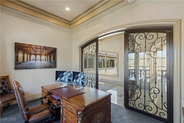 home office featuring crown molding