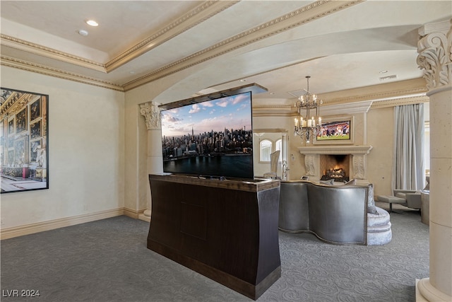 bar featuring crown molding, dark colored carpet, a tray ceiling, and a chandelier