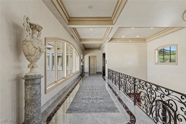 corridor with beam ceiling, coffered ceiling, and crown molding