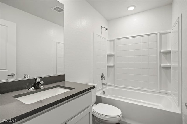 full bathroom with toilet, vanity, and tub / shower combination