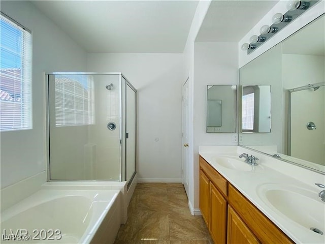 bathroom with vanity and plus walk in shower