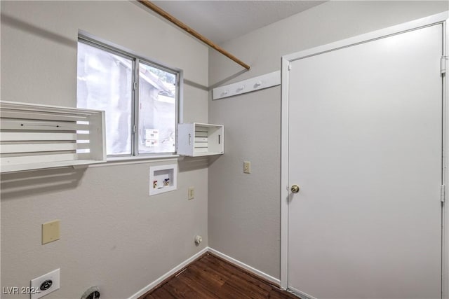 laundry room featuring hookup for a washing machine, laundry area, dark wood-style flooring, baseboards, and electric dryer hookup