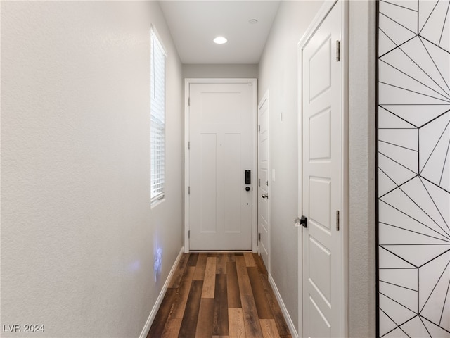 hallway with dark wood-type flooring and plenty of natural light